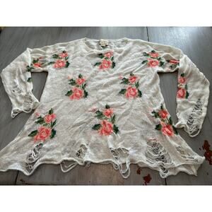 Wildfox White Label Prairie Rose Distressed Oversized Sweater Size S Cream Pink